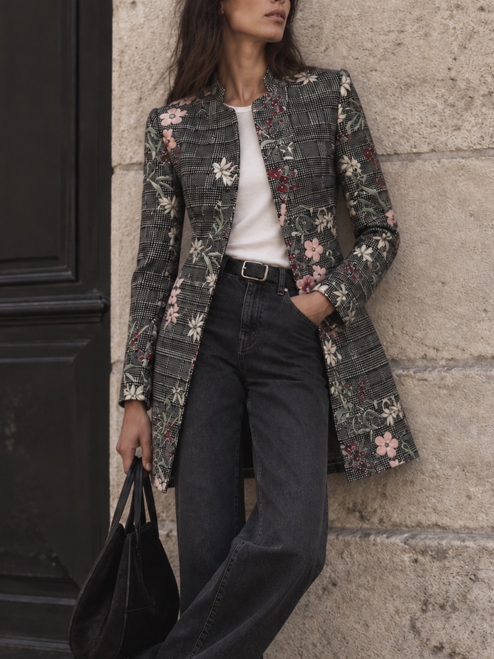 Zara black and white plaid floral embroidered frock coat